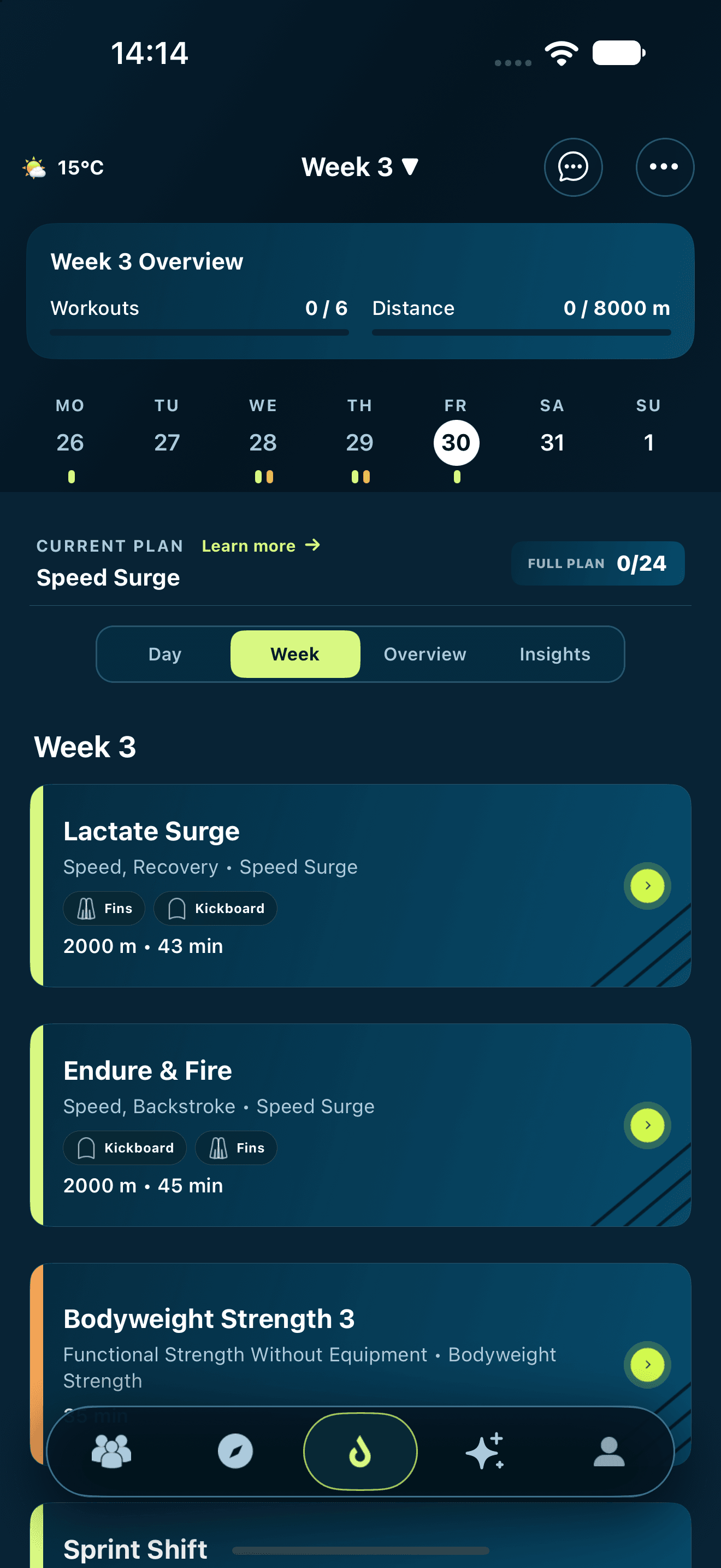 DuoSwim iPhone weekly plan showing scheduled Speed Surge workouts