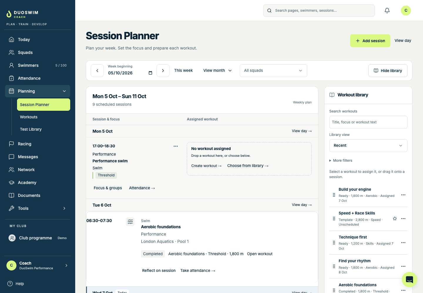 Actual DuoSwim Coach Session Planner with recurring training and a workout library
