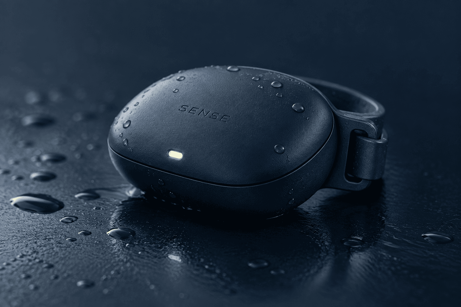 Concept render of a compact navy Sense head sensor with a low-profile attachment and lime indicator